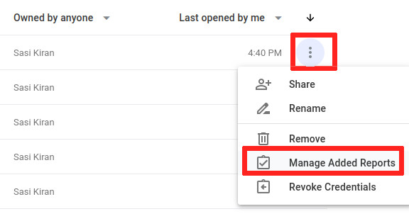 Manage Added Reports